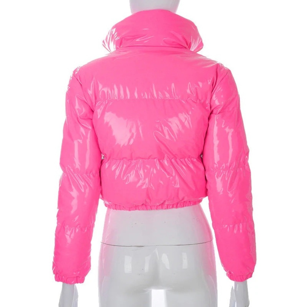 Cropped Puffer Jacket - Women's Shiny Short Coat - Picture 2 of 2
